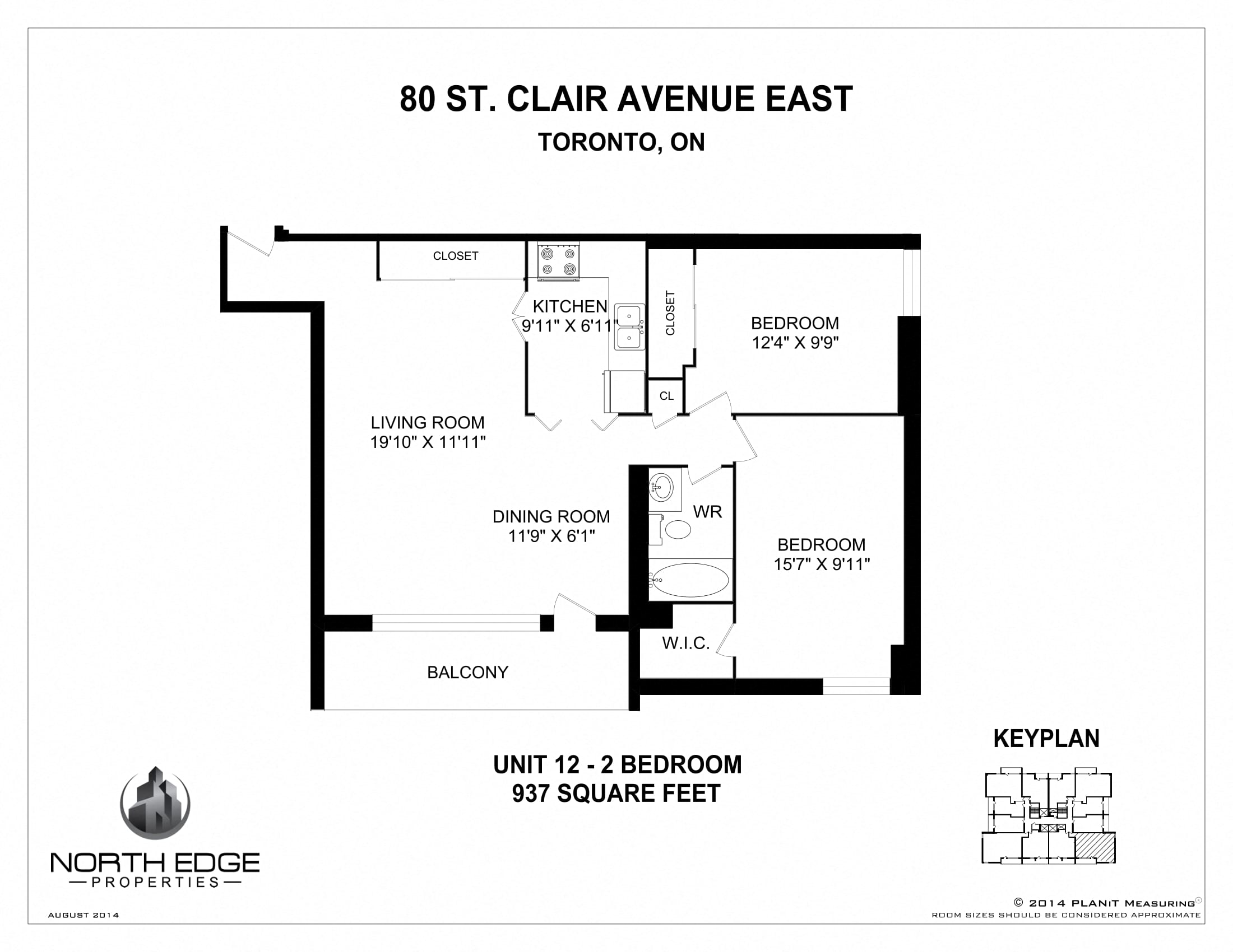 Floor plan for 2 beds, 1 bath, 937 sqft